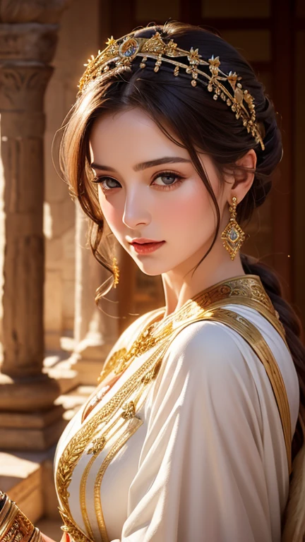 photorealistic mixed oil painting of charming lady dressed in traditional Ancient Greek clothing in the ancient palace. The setting should be grand and richly decorated., medium closeup body shot , cinematic light ,fantastic
