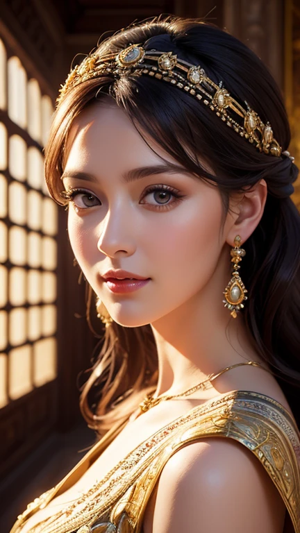 photorealistic mixed oil painting of charming lady dressed in traditional Ancient Greek clothing in the ancient palace. The setting should be grand and richly decorated., medium closeup body shot , cinematic light ,fantastic