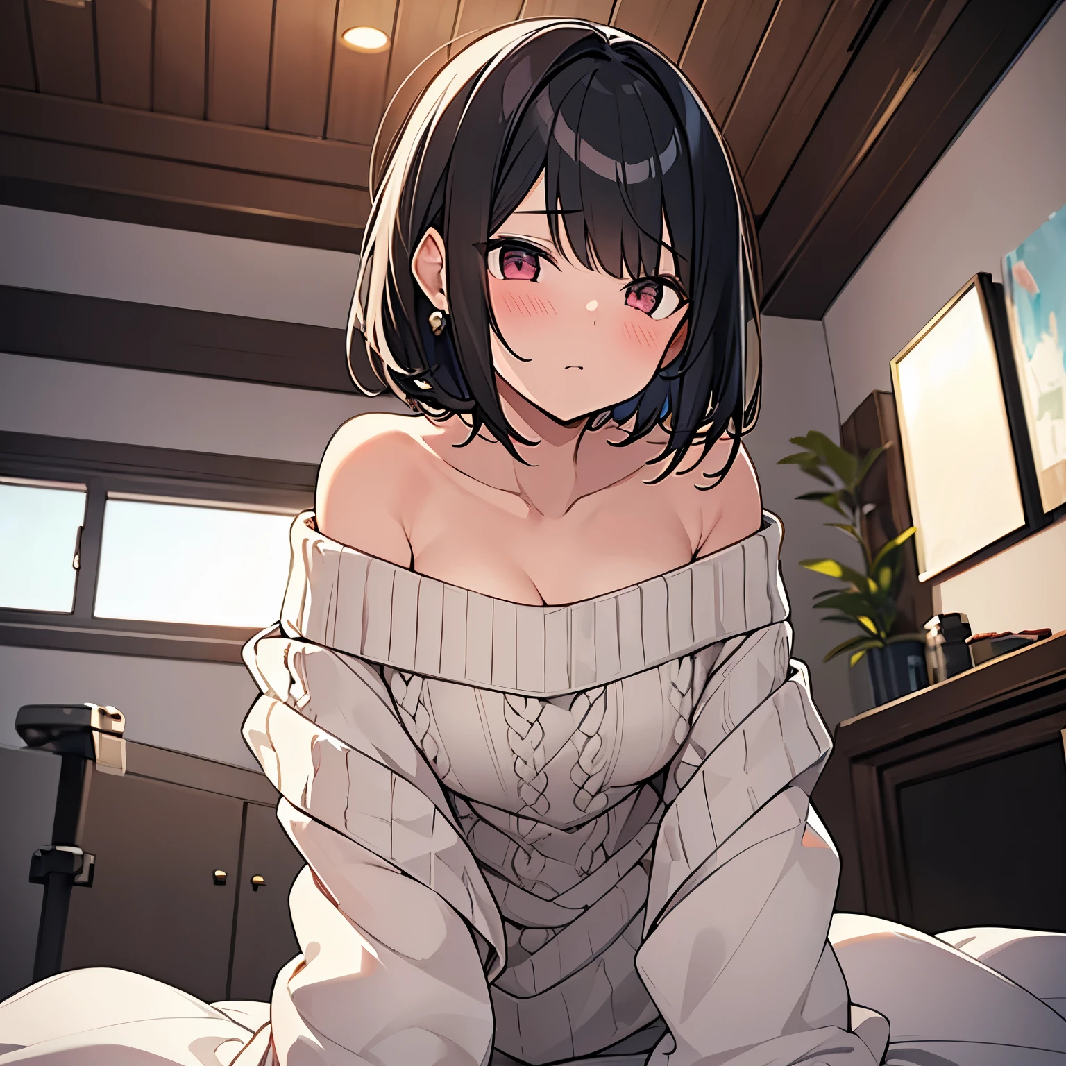 Masterpiece, Top quality, Worm eye view:1.5 , looking down,1 beautiful girl, straddling on all fours, black hair, short hair, wave hair,15 year old, medium breasts, standard weight,  (Off-the-shoulder sweater:1.3), blush :1.5, (beautiful scene of ceiling)