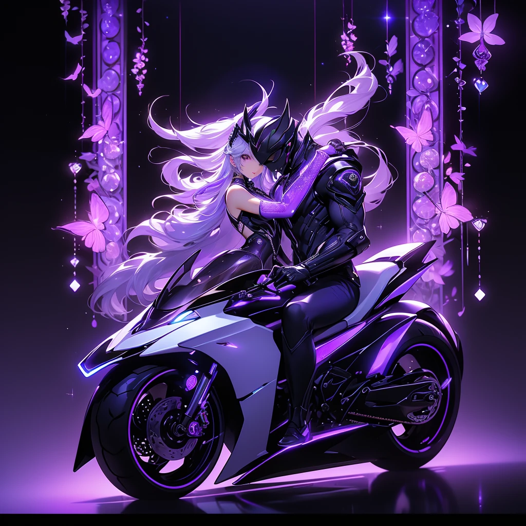 highest quality、Masterpiece、Official Art、16K、The best composition、The best light source、Super detailed、super beautiful、Super detailedな目、A futuristic couple riding a motorcycle, the girl is sitting behind the boy and hugging him from behind with her arms around his stomach、The bike is futuristic and purple neon、Boys have gray hair、The picture frame is a fractal art of wisteria trellis and the purple LED joint lighting creates a fantastic effect、