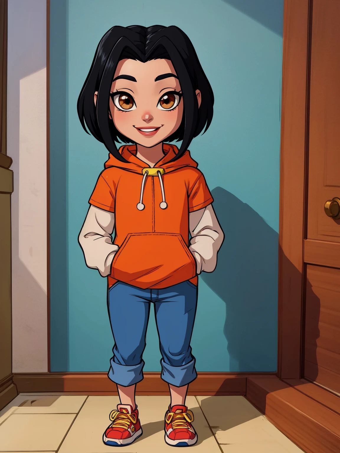 jadechan, short black hair, brown eyes, hands in pockets, upper body, smiling, JaOran, orange short sleeved hoodie, white long sleeves, hood down, sneakers , blue pants, cartoon Hong Kong, morning, full body, little_child, small_body, flat torso,
 (insanely detailed, beautiful detailed face, masterpiece, best quality)
 