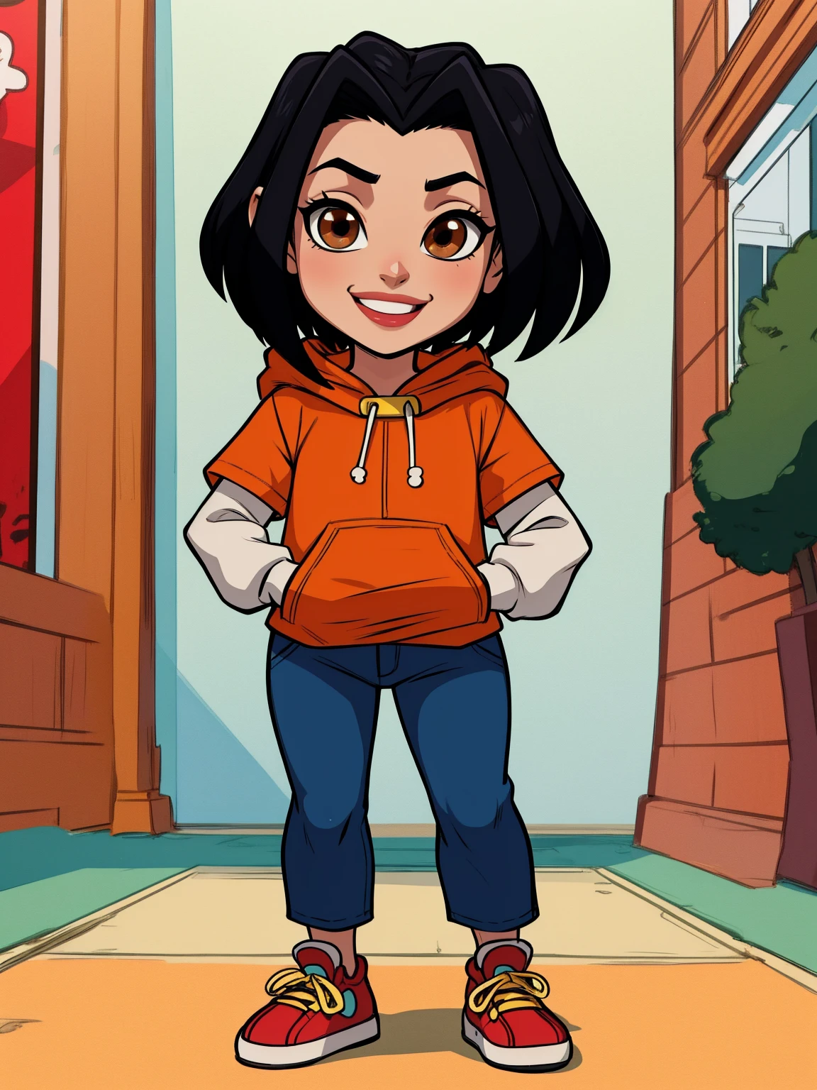 jadechan, short black hair, brown eyes, hands in pockets, upper body, smiling, JaOran, orange short sleeved hoodie, white long sleeves, hood down, sneakers , blue pants, cartoon Hong Kong, morning, full body, little_child, small_body, flat torso,
 (insanely detailed, beautiful detailed face, masterpiece, best quality)
 