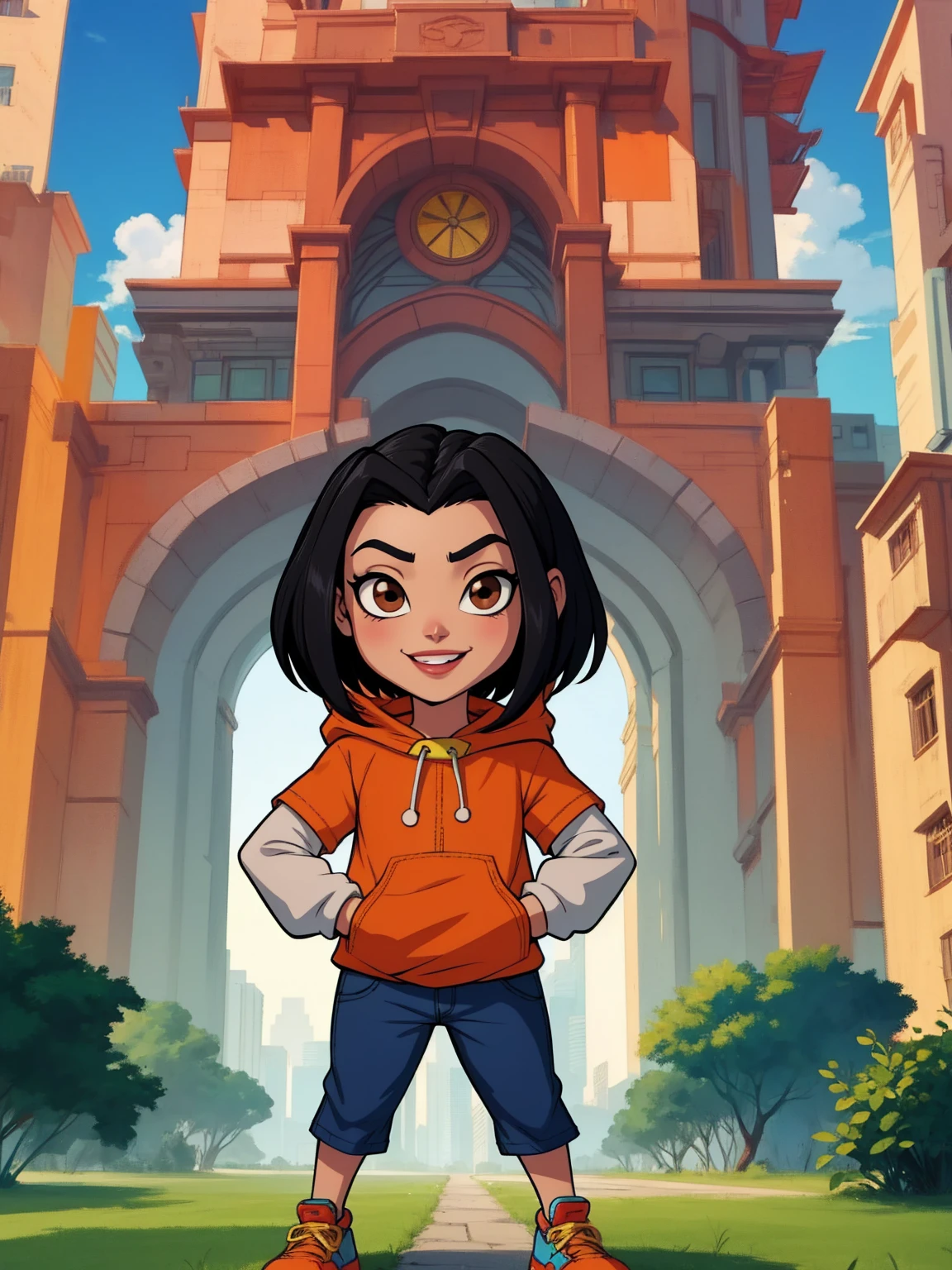 jadechan, short black hair, brown eyes, hands in pockets, upper body, smiling, JaOran, orange short sleeved hoodie, white long sleeves, hood down, sneakers , blue pants, cartoon Hong Kong, morning, full body, little_child, small_body, flat torso,
 (insanely detailed, beautiful detailed face, masterpiece, best quality)
 