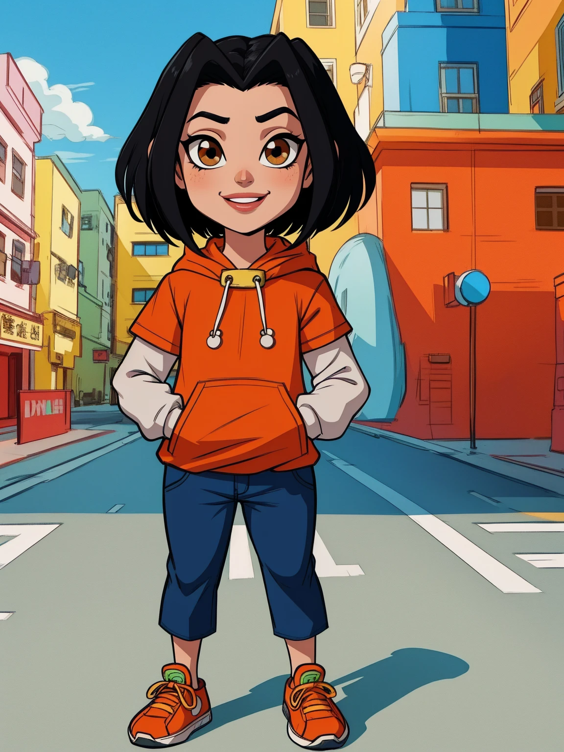 jadechan, short black hair, brown eyes, hands in pockets, upper body, smiling, JaOran, orange short sleeved hoodie, white long sleeves, hood down, sneakers , blue pants, cartoon Hong Kong, morning, full body, _child,l_body, torso,
 (insanely detailed, beautiful detailed face, masterpiece, best quality)
 