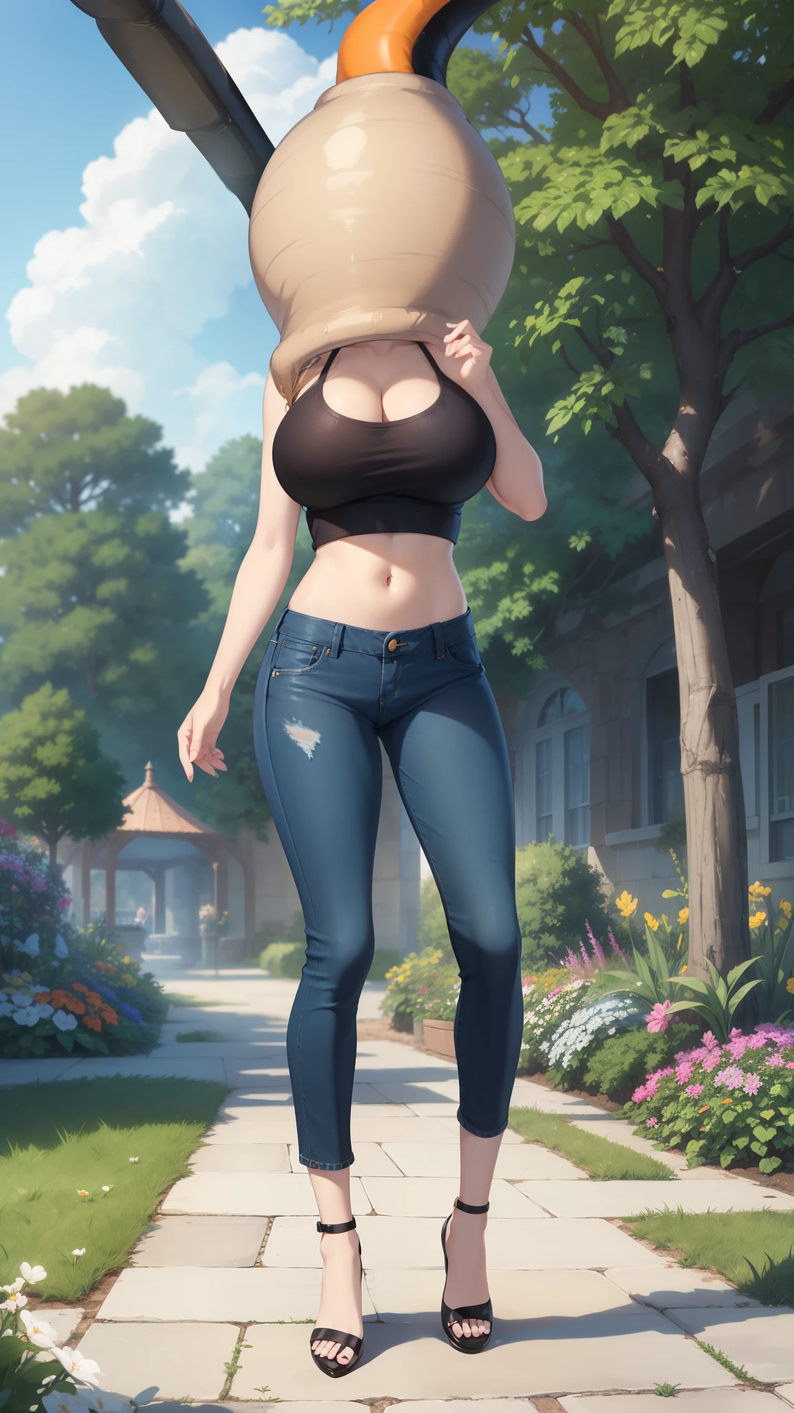 1girl, natural lighting, masterpiece, highly detailed, illustration, game CG, absurdres, high quality, aichan, large breasts, garden, standing, midriff, jeans, (cell vore), (tail vore:1.3)