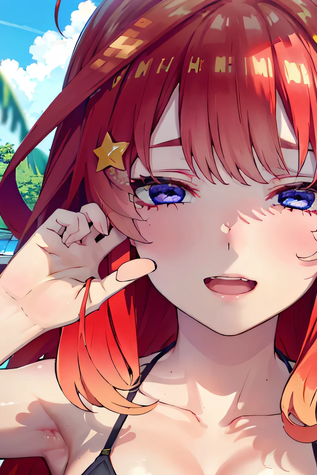 ((One girl)),itsukinakano, Itsuki Nakano, bangs, blue eyes, Hair between the eyes, Ahoge, Redhead, star \(symbol\), hair ornaments, star hair ornaments,happy smile, smile, Open your mouth,Red Bikini,Real Summer,Daytime,sunny,My hair is blowing in the wind,(((whole bodyがイラストに入るように,whole body,Head to Kneeのイラスト)))
Destroy outdoors, Beach waves staring out at the viewer, whole body,Head to Knee、alone、One girl、Breaking out great style (masterpiece:1.2), highest quality, High resolution, unity 8k wallpaper, (shape:0.8), (Beautiful details:1.6), Highly detailed face, Perfect lighting, Highly detailed CG, (Perfect hands, Perfect Anatomy),