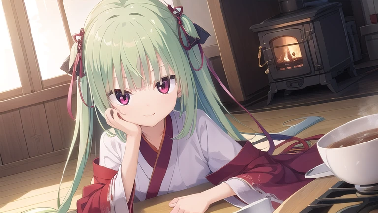 ((masterpiece)),(best quality),Official Art,Extremely detailed CG,Unity 8k Wallpaper,Super detailed,Beautiful and delicate eyes,Extremely detailed face,1 girl,solitary,,(whole body:1.5),(small:1.3),Smile,,Murasame,Very long hair,Green Hair,Face Up,Purple bow,hairpin,Side chains,Bangs,Red Eyes,Neck strap,Red belt,Elegant and beautiful,Cloud sleeve hanfu,Kasuga Lingnan,The bamboo in front of the window is like a cloud,The sweet words of spring birds are only heard。Sit up firmly after sleeping,But put the tea bowl against the stove and smoke it。
