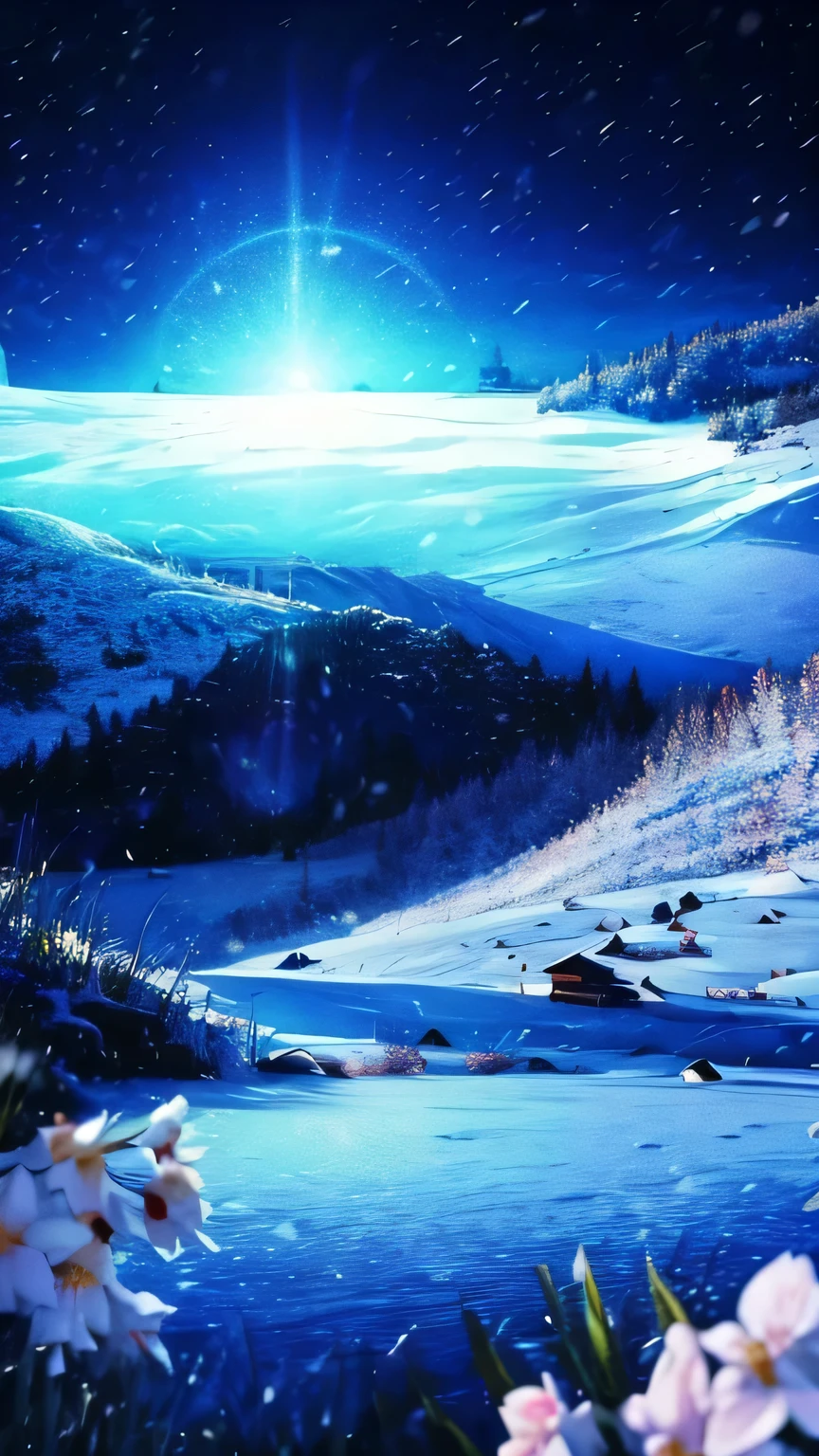 logo、masterpiece、8k、Tabletop、RAW Photos、wonderful、最high quality、Photo Genuine and Very detailed CG synthesis 8k wallpaper、high quality、Very detailed、Narrative poem、Particle Effects、Dynamic Effects、Character border depth、Cinematic Light、Lens flare、Ray Tracing、Tabletop、Genuine、Ultra-high resolution、Fantasy、night、Wind、darkness、Snow and Frost、Frozen Winter Day、Snow Capped Mountainや森、Frost、Snow Capped Mountain々、Frost covered tree々The beauty and brilliance of、A tranquil and beautiful grassland in a world of ice and snow、Vast land、Lakeside、Wonderful views、Beautiful natural wind scenery、Night Sky、Wind、cherry blossoms、cherry blossoms花びら舞っている、cherry blossoms snowstorm、Falling petals
