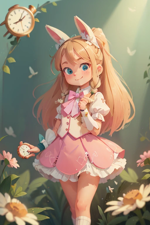 An anthropomorphic white rabbit wearing a suit and holding a watch.1 Girl, Solitary, Blonde Hair, long hair, Dark Teal Ribbon, Ponytail, Nine years old, blue eyes, ((Pink skirt)), Puff sleeves, white tube socks, No shoes, Upper Body, looking at the audience, faint blush, Smile,