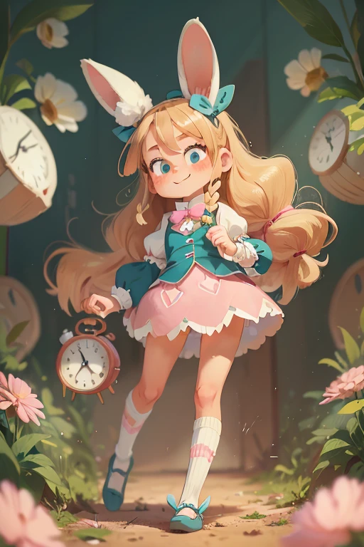 An anthropomorphic white rabbit wearing a suit and holding a watch.1 Girl, Solitary, Blonde Hair, long hair, Dark Teal Ribbon, Ponytail, Nine years old, blue eyes, ((Pink skirt)), Puff sleeves, white tube socks, No shoes, Upper Body, looking at the audience, faint blush, Smile,