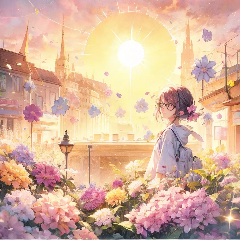 Anime smiling pink haired purple eyed girl with glasses looking at the sun in a city with flowers, Official Artwork, Beautiful Anime artwork, Beautiful Anime, Beautiful peaceful scene in anime, Beautiful Anime scene, Anime Background Art, On a sunny day, Beautiful artwork illustration, Beautiful Anime art, Official Anime Artwork, Official Art, Beautiful Anime scenery, summer morning light, Google Art Station on pixiv