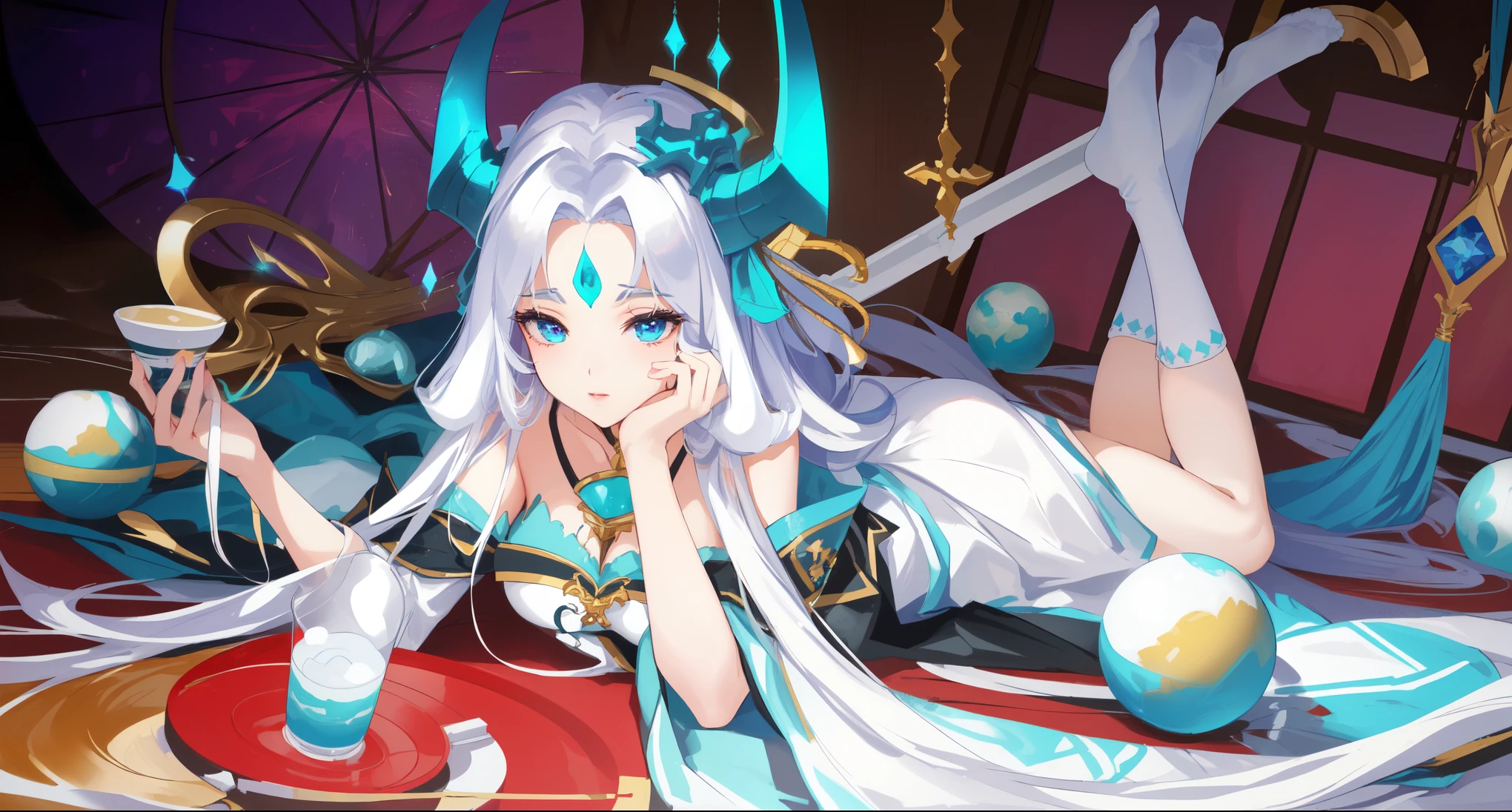 (best quality,4k,8k,highres,masterpiece:1.2),ultra-detailed,(realistic,photorealistic,photo-realistic:1.37),anime,portrait,hair: white,big eyes,beautiful detailed eyes, beautiful detailed lips, long eyelashes,white robe,floor,holding a cup,beautiful fantasy queen,goddess of anime,lies on the floor,many planets around her,horns on the head,enormous breasts,white knee-high socks,exhausted deity,anime fantasy illustration,galactic goddess