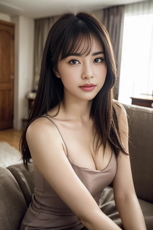 masterpiece、Ultra HD、distinct、RAW UHD format、37 year old beauty photo、Beautiful Wife、Droopy eyes、High resolution glowing eyes、(Perfect Anatomy)、(Gravure photo)、distinct、distinct、Shallow depth of field、Cute face、Messy hairstyle、Blurred Background、Fine pores in the skin、Oily skin、Complex eyes、Fine skin、camisole、Photo from the waist up、sitting on the sofa in the living room