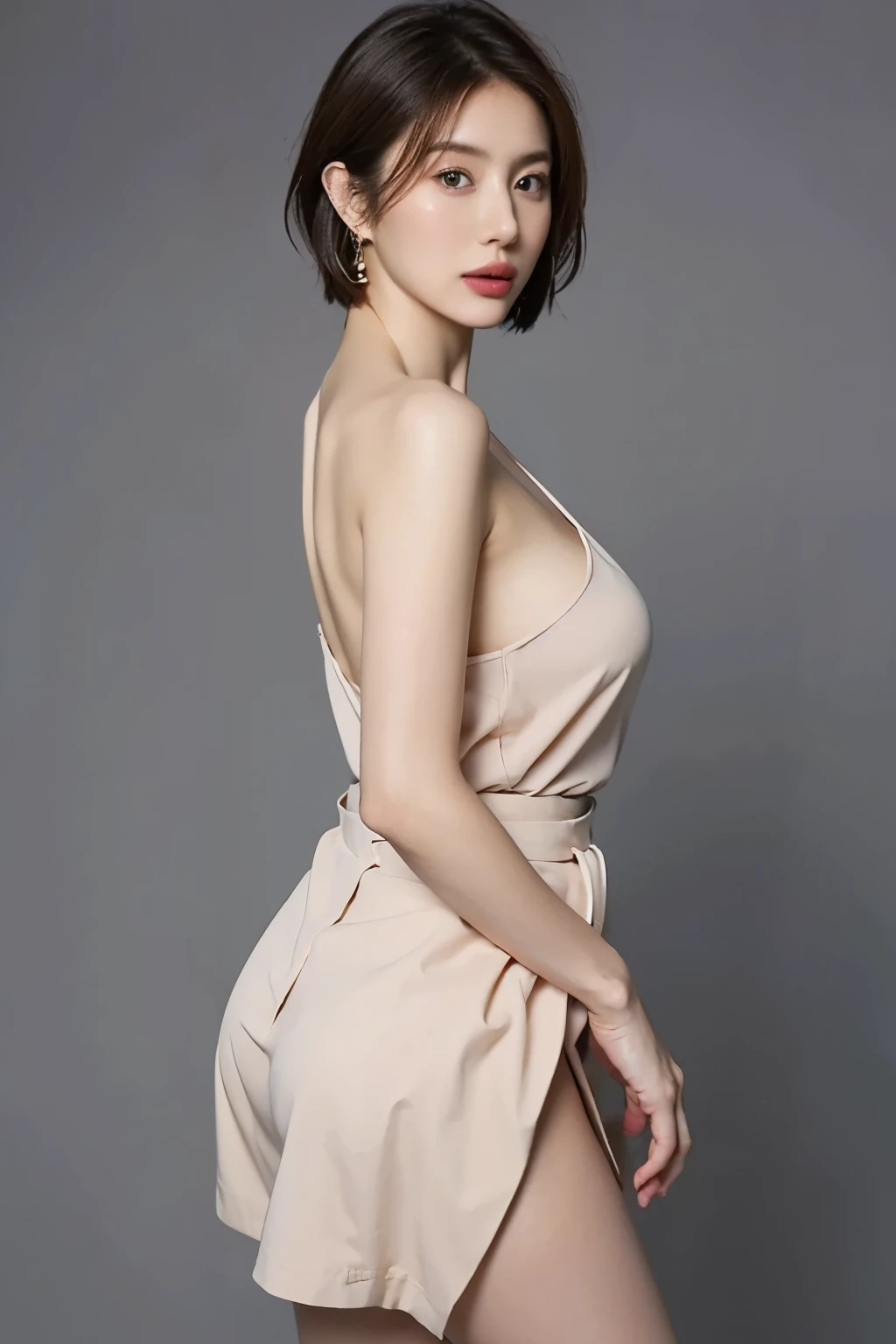 (highest quality,8K,masterpiece),studio photography,Gray background,Low - Angle, Very beautiful Japan models,fine skin,realistic skin, lip gloss,rouge, very short hair,pixie cut,look at the viewer,bewitching look, Large earrings,nude,naked, thighs, skirt, big breasts