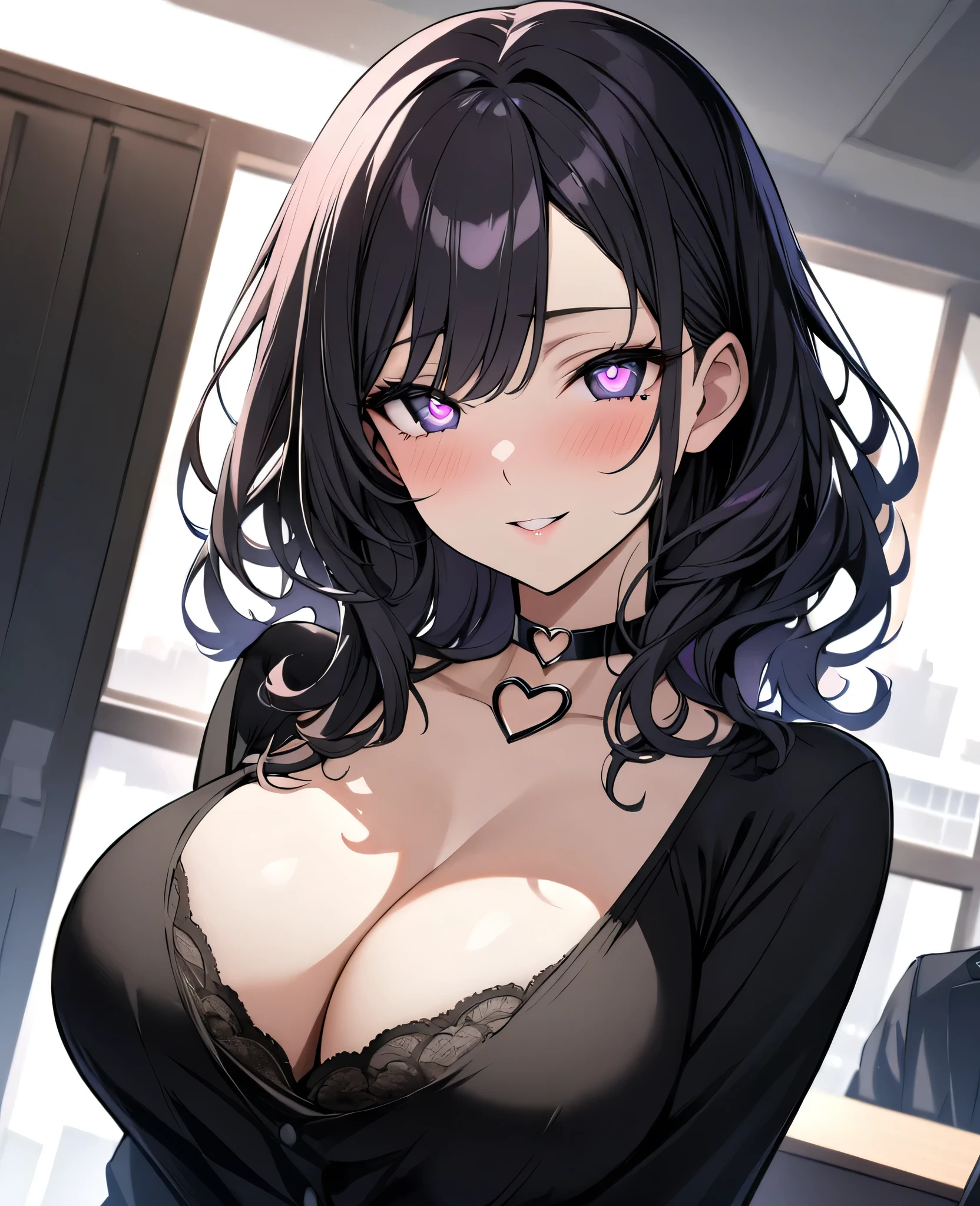 {lady with shoulder-length black wavy hair named Rico}, business suits,tall,'', indoor,{going out style}, ((Heart-shaped choker) ), (office room), Bright background,purple eyes, heart shaped pupils,lovestruck,lovestruck,Mole under the eye, Heart-shaped choker, ((Masterpiece)), Highly detailed CG Unity 8k wallpaper), Top quality,, Detailed background, beautifully detailed eyes, heart shaped pupils,glowing eyes, looking at viewer,(very delicate and beautiful)), ((beautiful) eyes (detailed description),large breasts, browse,shirts,floating heart,brainwashed,seductive smile,try to show me breasts ,lovestruck,heart eyes