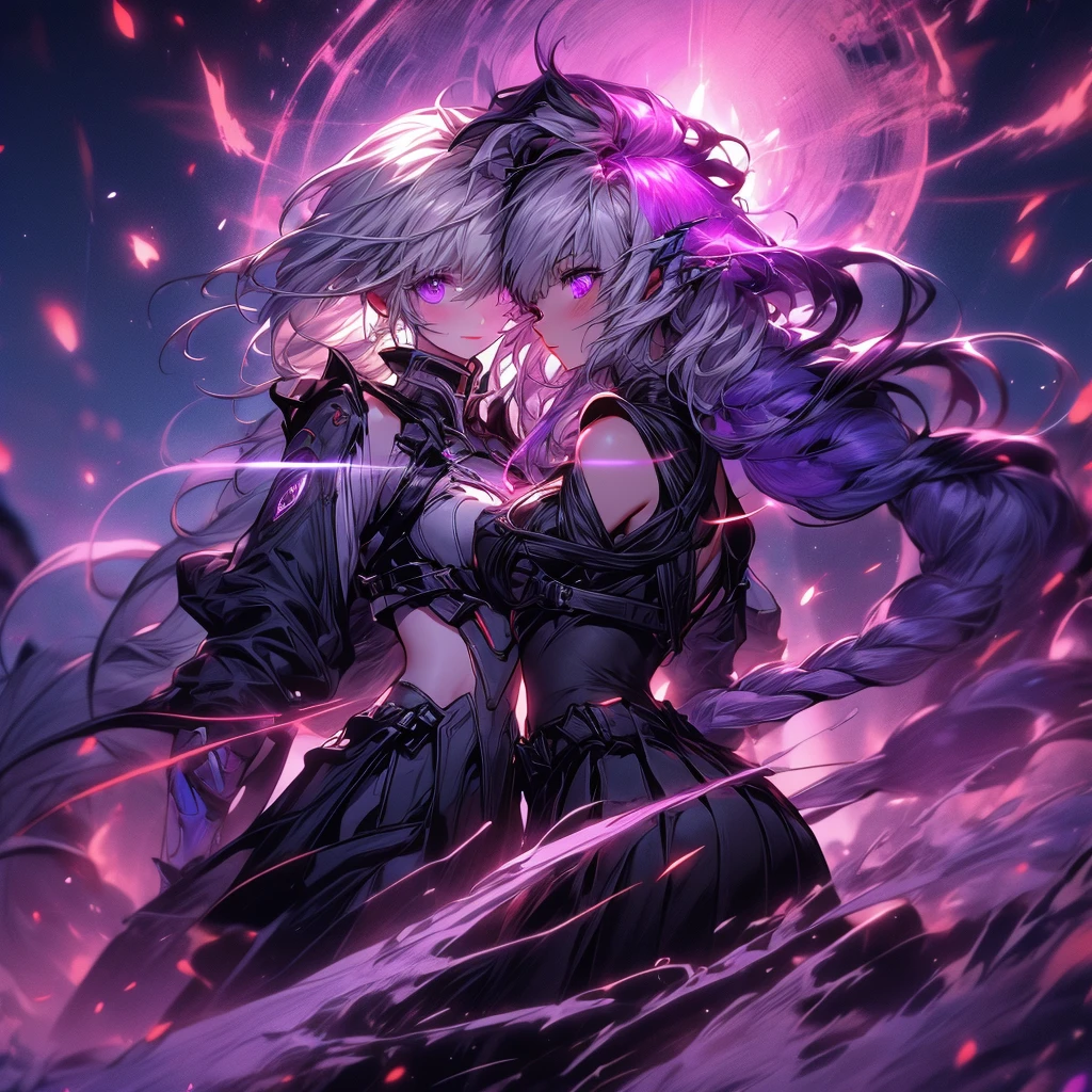 c0upl3,yinji,,purple eyes, long hair, twin braids, purple hair, multicolored hair, elbow gloves, bangs, very long hair,bare shoulders, black skirt, grey hair, dress, smile, side cutout,covered navel, side cutout,