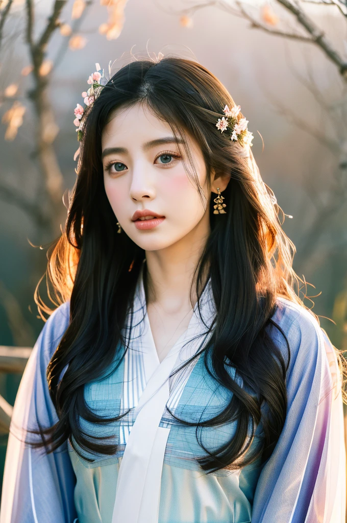 ( masterpiece, top quality, best quality,8k,years old girl,ultra detailed,raw photo:1.5),(photorealistic:1.4), (cinematic lighting), PerfectNwsjMajic, , Surrealism, UHD, ccurate, Super detail, textured skin, High detail, Best quality, dynamic angle, White skin,[Beautiful blue eyes], high nose,(1girl),(good anatomy:0.5)), Dreamy atmosphere,expressive brush strokes, mystical ambiance, Artistic interpretation, a whimsical illustration, Subtle colors and tones, mystical aura, Woman wearing traditional Korean costume,(hanbok:1.3), Joseon dynasty, jeogori,chima,and the po,portrait,(long straight hair:1.5), flower,warm sun,face