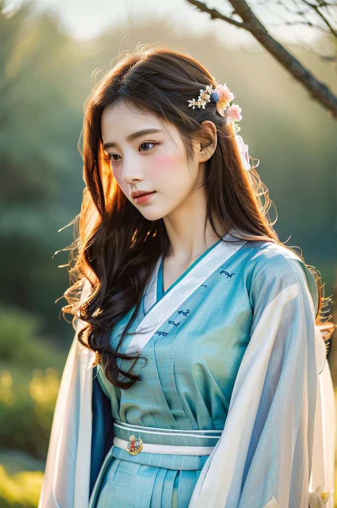 ( masterpiece, top quality, best quality,8k,years old girl,ultra detailed,raw photo:1.5),(photorealistic:1.4), (cinematic lighting), PerfectNwsjMajic, , Surrealism, UHD, ccurate, Super detail, textured skin, High detail, Best quality, dynamic angle, White skin,[Beautiful blue eyes], high nose,(1girl),(good anatomy:0.5)), Dreamy atmosphere,expressive brush strokes, mystical ambiance, Artistic interpretation, a whimsical illustration, Subtle colors and tones, mystical aura, Woman wearing traditional Korean costume,(hanbok:1.3), Joseon dynasty, jeogori,chima,and the po,portrait,(long straight hair:1.5), flower,warm sun,face