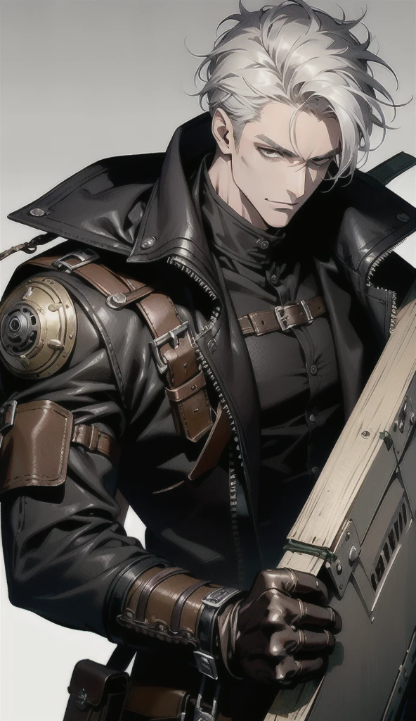 (absurd res, high res, ultra detailed), 1 male, adult, handsome, tall muscular guy, broad shoulders, white hair, finely detailed eyes, portrait, looking at viewer, solo, half shot, detailed background, detailed face, (steampunk industrial), smirk, renegade, rugged dark leather clothes, small leather pouch, high fantasy medieval setting, smuggler hideout background, stealth, undercover, (crates in background), shadows, fog, (dutch angle), closed mouth