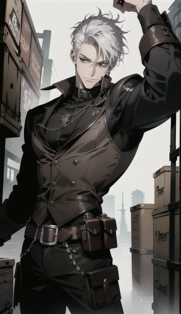 (absurd res, high res, ultra detailed), 1 male, adult, handsome, tall muscular guy, broad shoulders, white hair, finely detailed eyes, portrait, looking at viewer, solo, half shot, detailed background, detailed face, (steampunk industrial), smirk, renegade, rugged dark leather clothes, small leather pouch, high fantasy medieval setting, smuggler hideout background, stealth, undercover, (crates in background), shadows, fog, (dutch angle), closed mouth