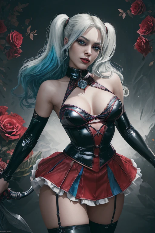promoting a sense of movement and energy. The color palette is vibrant and bold, with a focus on Whit, Whit, and black tones. The lighting is dynamic, with dramatic shadows and highlights, enhancing the overall atmosphere of the artwork. The flowers in the fantasy world are diverse and abundant, ranging from delicate roses to exotic blooms, creating a visually stunning and enchanting backdrop. The girl's face is beautifully detailed, capturing the essence of Harley Quinn's mischievous yet alluring expression. Her eyes are mesmerizing, with striking colors and long eyelashes, highlighting her playful nature. The art showcases the girl's expressive lips, with carefully depicted details that emphasize her confident and seductive smile. The attention to detail extends to her clothing, with each fabric texture meticulously rendered to create a sense of realism. The red top and bra have a shiny, latex-like appearance, while the White stockings have a smooth and sleek texture. The blue and red shorts have a vibrant and slightly metallic sheen, adding a touch of futuristic flair to the character's outfit. The bat in her hand is realistically portrayed, with intricate textures and dynamic movement, conveying a sense of power and determination. The overall composition of the artwork is carefully crafted, with the girl placed in the center of the frame, surrounded by the vibrant flowers and captivating scenery. The perspective is slightly tilted, adding a dynamic and cinematic feel to the composition. The background elements are beautifully detailed, with a mix of soft and sharp focus to create depth and visual interest. The art style is inspired by both concept art and traditional illustration, blending realistic rendering with stylistic choices to create a unique and captivating visual experience. The artwork aims to evoke a sense of wonder and enchantment, inviting viewers to immerse themselves in the magical world depicted. The colors are rich and saturated,with a balance