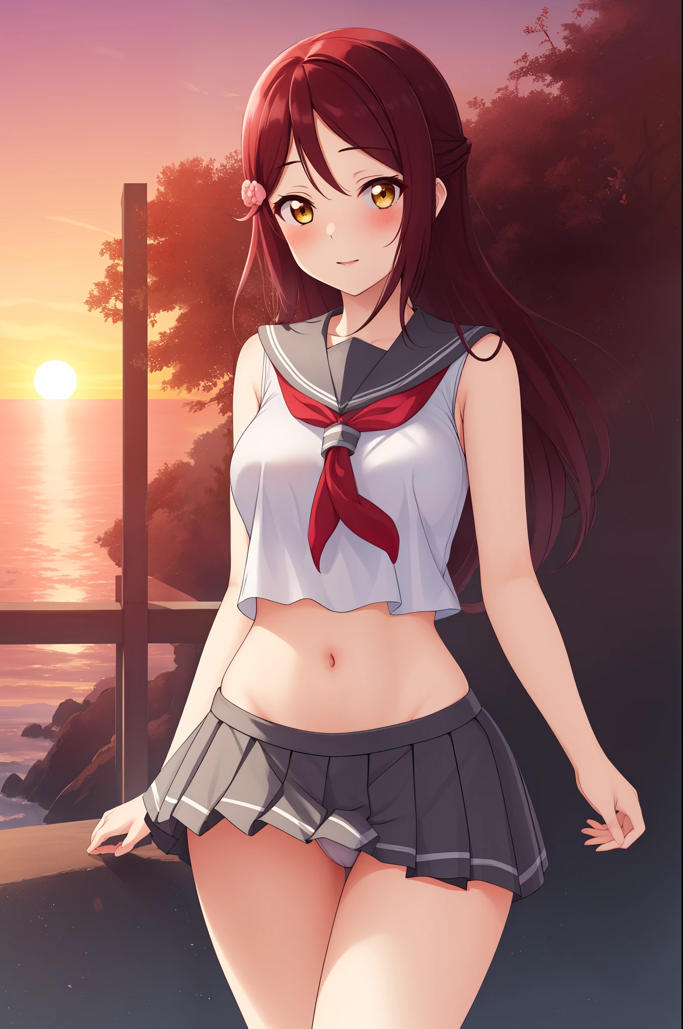 Masterpiece,best quality,Solo, cowboy shot,Sakurauchi riko, long hair, blush, breasts,love scene, skirt, sleeveless, pleated skirt, standing, serafuku, grey skirt, uranohoshi ,navel,thicc thighs ,sea in background, sunset time , crotch