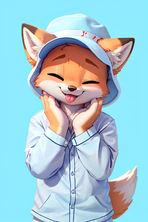 Anthropomorphic male light orange fox, eyes closed, tongue out, cute face, cute pose, wearing a light blue pijama and a light blue shark hat, standing, front view, solid color background, solo, digital art, hand touching his own face, closed hands, happy face, close up in face, tilted head to the left, bust view
