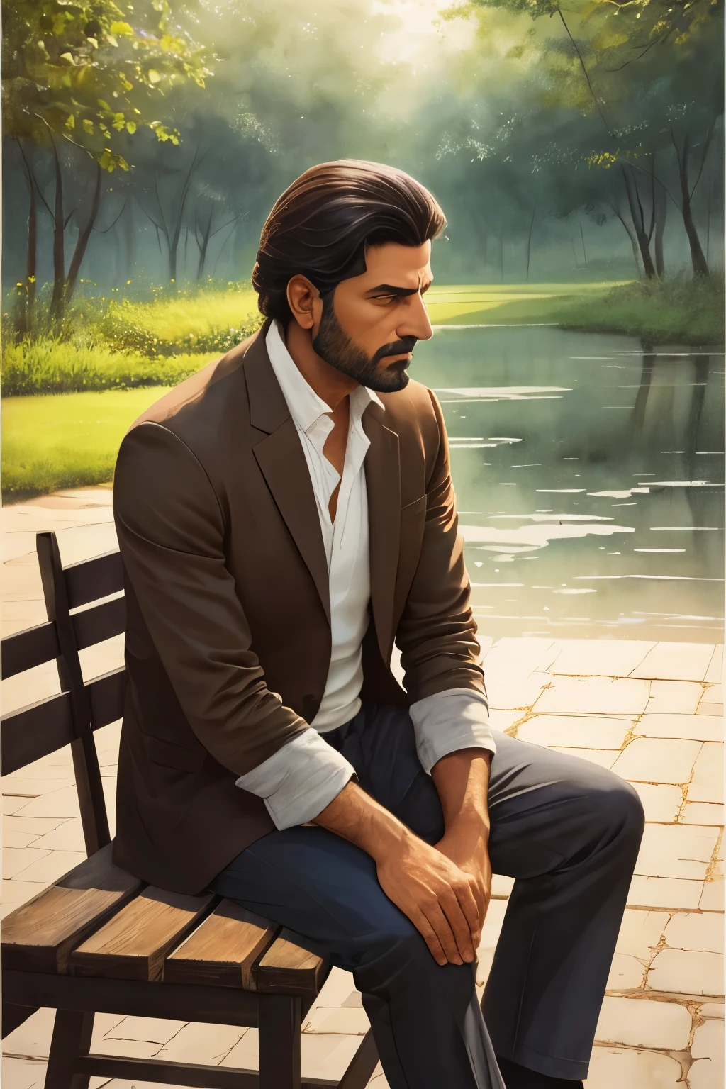 A captivating watercolor painting by acclaimed artist Lubna Agha, showcased on Behance, presents a figurative work of hyper-realistic art. The subject is a man casually seated on a rustic bench, his features softly blurring into the surrounding environment. The technique used in this detailed painting is watercolor, employing subtle shades and hues that imbue a sense of depth and atmosphere. The man, with his languid posture, appears lost in thought as he gazes out into the distance, offering a tantalizing glimpse into his deep-seated emotions. The overall effect is one of serenity and introspection, inviting viewers to delve