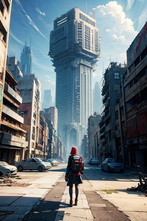 highest quality、A ruined futuristic city、dim、red、Surrealism