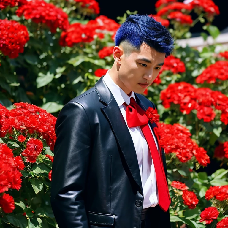 man 1 คน, 35 years man, (man:1.5),  (Short, cropped hair, mohawk hairstyle,),, Wear a black leather suit Wear the most fashionable black leather suit and red tie outdoors., Detailed background, Modern cities, There are red flowers around. , 8k Photos, Shot with the most advanced high quality Fuji camera 45,000,000 Chili Cell, Exaggerated colors,