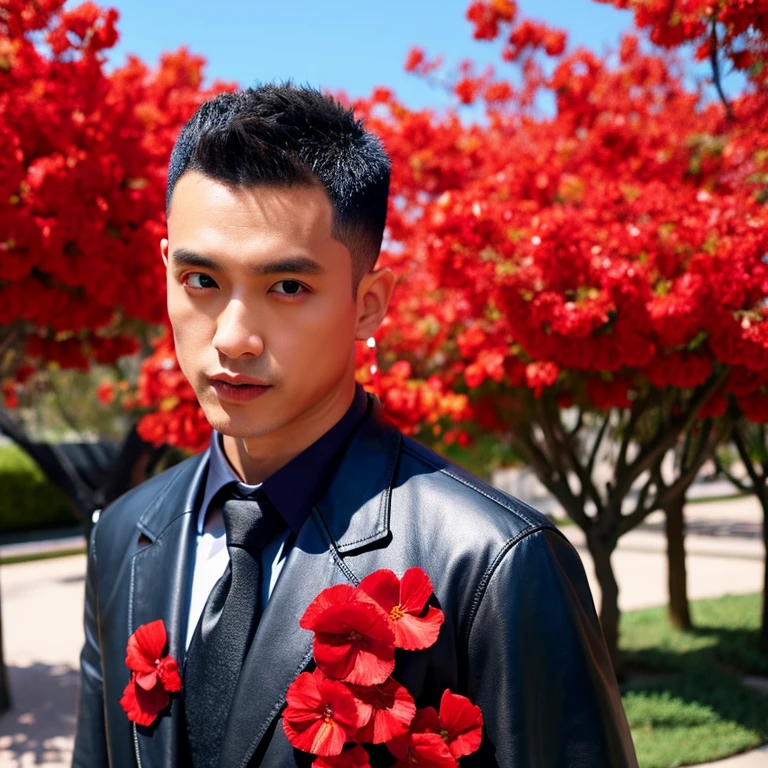 man 1 คน, 35 years man, (man:1.5), (Short, cropped hair, mohawk hairstyle,),, Wear a black leather suit Wear the most fashionable black leather suit and red tie outdoors., Detailed background, Modern cities, There are red flowers around. , 8k Photos, Shot with the most advanced high quality Fuji camera 45,000,000 Chili Cell, Exaggerated colors,
