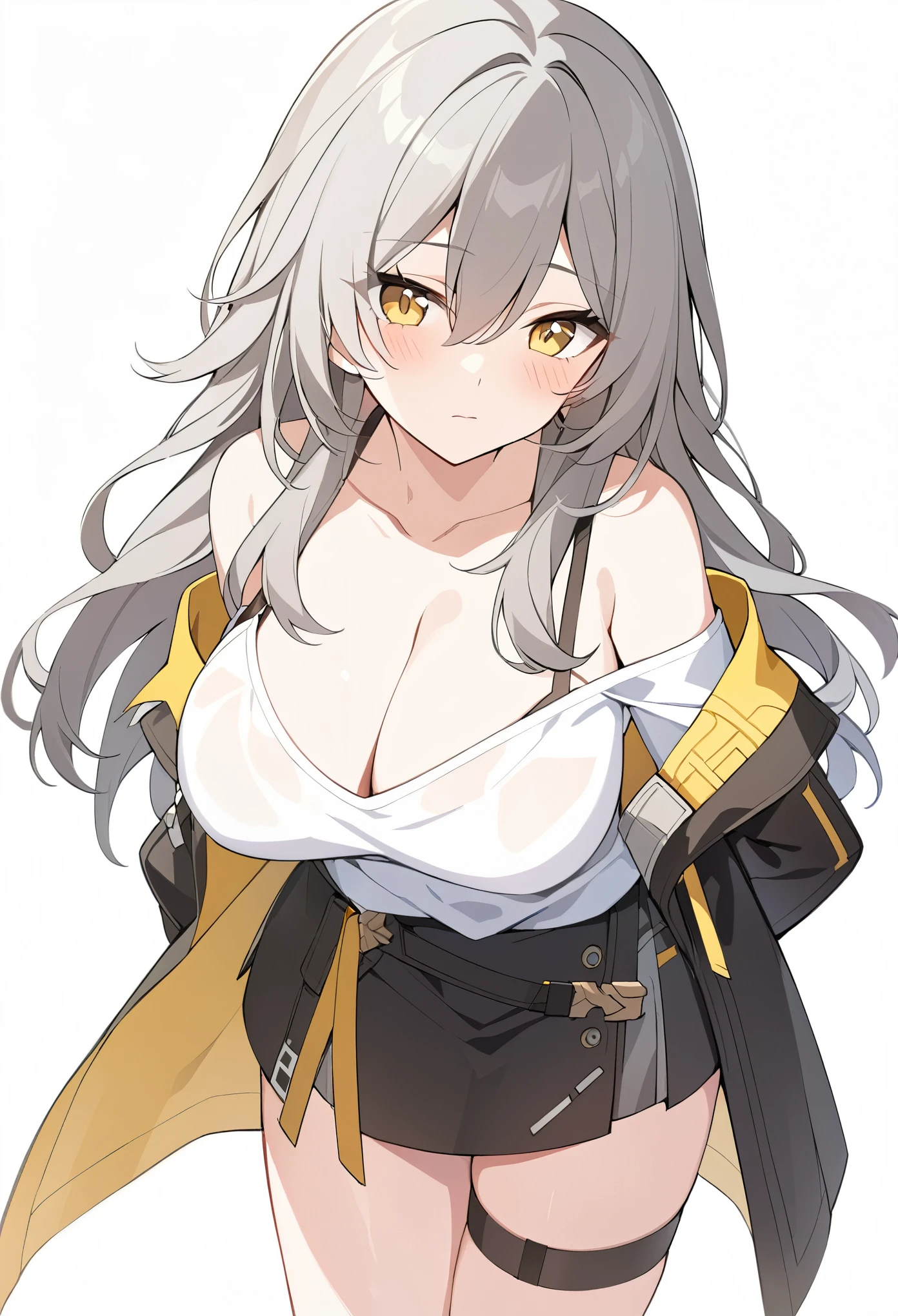 1girl, stelle_(honkai_star_rail), breasts, solo, cleavage, yellow_eyes, shirt, off_shoulder, looking_at_viewer, white_shirt, thigh_strap, white_background, jacket, grey_hair, simple_background, long_hair, collarbone, leaning_forward, large_breasts, closed_mouth, black_jacket, bangs, skirt, blush, black_skirt, bare_shoulders, hair_between_eyes, open_jacket, open_clothes