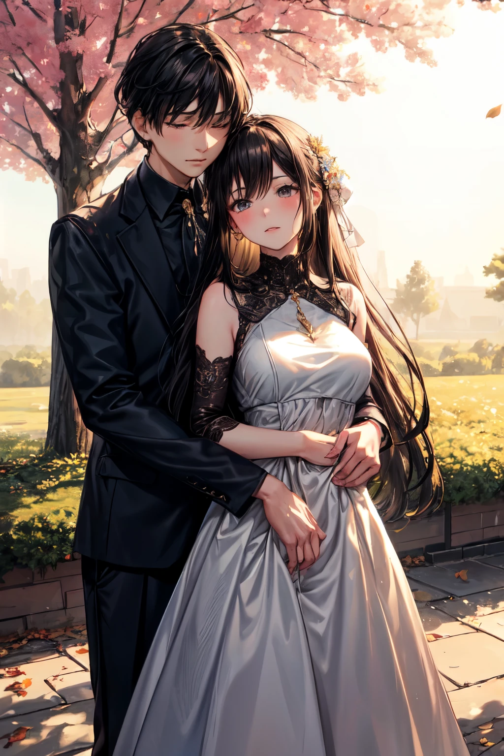 ((best quality)), ((masterpiece)), (detailed), (Perfect face),Create a tender, emotional scene featuring a girl standing with her head resting on a boy's chest. The girl has long, flowing hair and is wearing a simple, elegant dress. The boy, slightly taller, has his arms gently wrapped around her, providing comfort and protection. He is dressed in casual, modern clothing. They are standing in a serene park during the golden hour of sunset, with the warm, soft light creating a romantic and peaceful atmosphere. In the background, there are trees with leaves tinged in autumn colors, and a gentle breeze rustles through them. The overall mood of the image should be one of love, warmth, and tranquility.