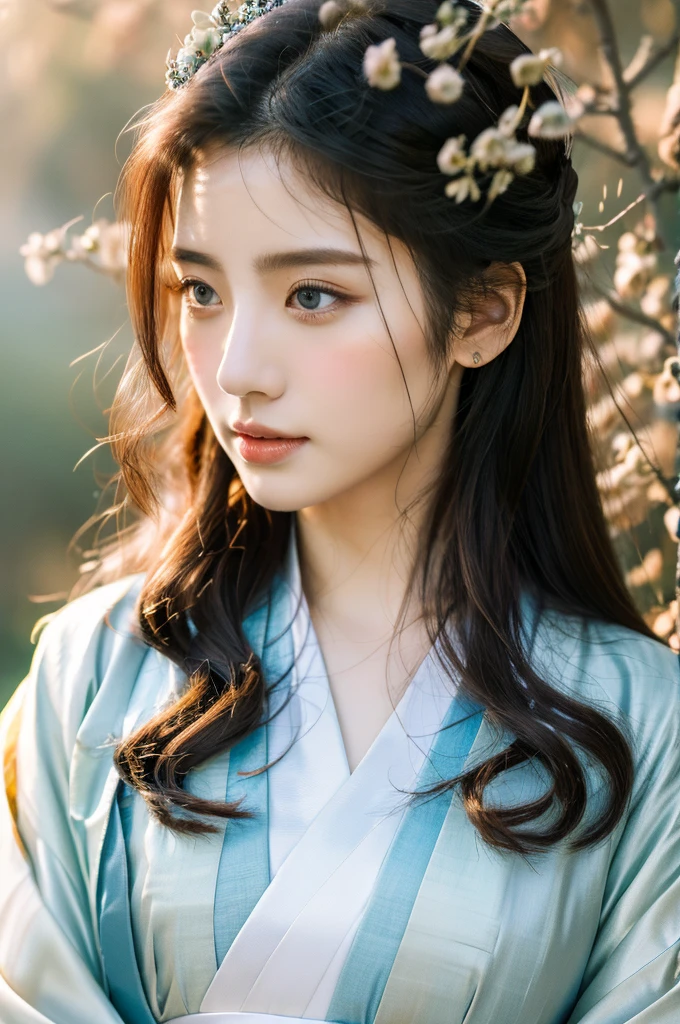 ( masterpiece, top quality, best quality,8k,years old girl,ultra detailed,raw photo:1.5),(photorealistic:1.4), (cinematic lighting), PerfectNwsjMajic, , Surrealism, UHD, ccurate, Super detail, textured skin, High detail, Best quality, dynamic angle, White skin,[Beautiful blue eyes], high nose,(1girl),(good anatomy:0.5)), Dreamy atmosphere,expressive brush strokes, mystical ambiance, Artistic interpretation, a whimsical illustration, Subtle colors and tones, mystical aura, Woman wearing traditional Korean costume,(hanbok:1.3), Joseon dynasty, jeogori,chima,and the po,portrait,(long straight hair:1.5), flower,warm sun,face
