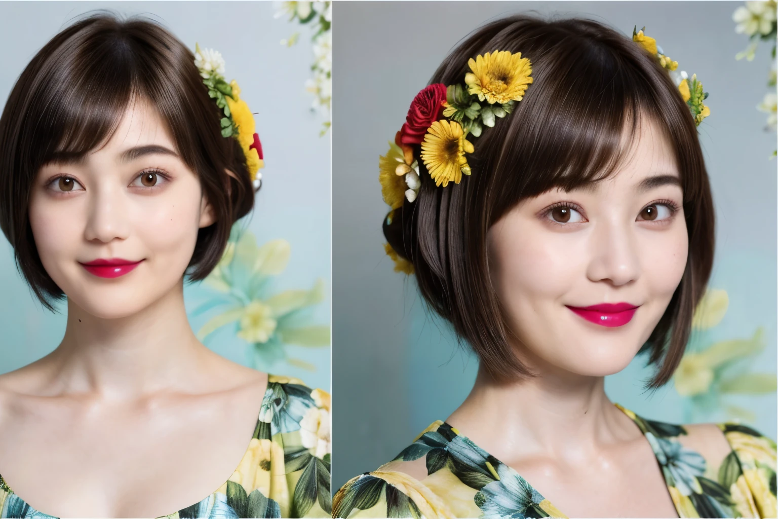 227 (20-year-old woman,Floral costume), (Surreal), (High resolution), ((Beautiful Hairstyles 46)), ((short hair:1.46)), (A kind smile), (Busty:1.1), (lipstick)