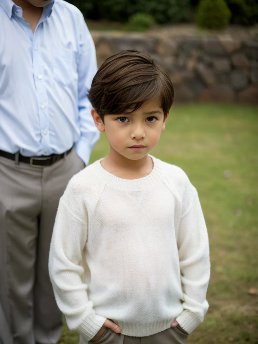 A boy, muy tierno y hermoso, shy and sad look, ojos azules, piel blanca, light brown hair, con camisa de vestir, Sweater, Formal trousers, bajo el cielo nublado a punto de llover