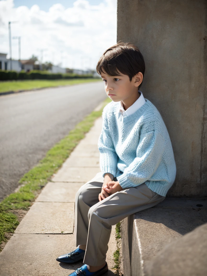 A nine year old boy, muy tierno y hermoso, shy and sad look, ojos azules, piel blanca, light brown hair, con camisa de vestir, Sweater, Formal trousers, bajo el cielo nublado a punto de llover