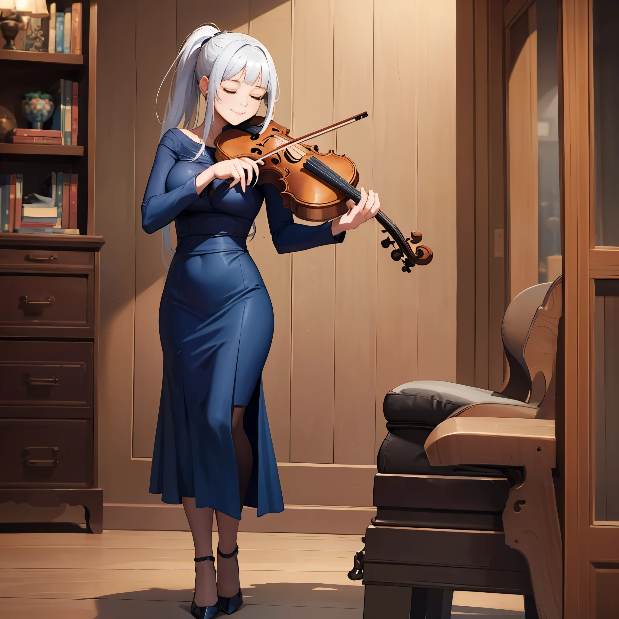 A woman wearing an oil blue dress, shoulders free, holding a violin, black heels, long white hair, ponytail hair, smiling, eyes closed, in a luxurious room, with gray wood wall, white marble floor,full body,stereogram, tachi-e, point of view, atmospheric perspective, 8k, superdetail, accurate, best quality, award-winning, textured skin, high resolution, anatomically correct, bokeh effect, ((woman solo).
