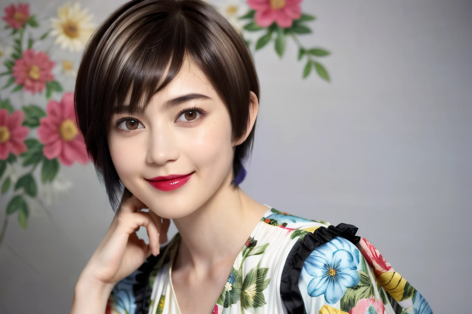 227 (20-year-old woman,Floral costume), (Surreal), (High resolution), ((Beautiful Hairstyles 46)), ((short hair:1.46)), (A kind smile), (Busty:1.1), (lipstick)