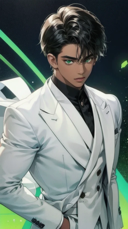 Young men，Dark skin，Dark  skin，White suit，Black hair，Light green eyes，eardrop，solo person