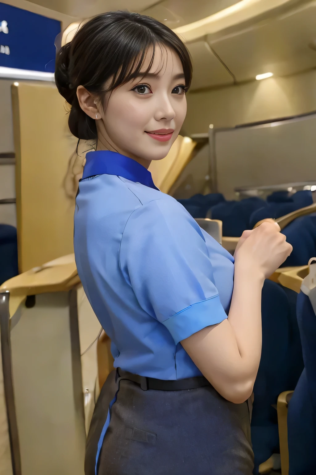 masterpiece:1.2、highest quality:1.2)、32K HDR、High resolution、(alone、1 girl、Slim figure)、（Realistic style wearing the ANA cabincrew uniform）、 (At the airport counter, Professional Lighting)、A proper woman, Beautiful Face,、（ANA cabincrew uniform）、（Short sleeve light blue blouse）、（ANA cabincrew uniform skirt with blue line on the back）、（Scarf around the neck）、Big Breasts、（Long hair updo、Chignon）、Dark brown hair、Long Shot、（（Fine hand：2.0））、（（Harmonious body proportions：1.5））、（（Normal limbs：2.0））、（（Normal finger：2.0））、（（Delicate eyes：2.0））、（（Normal eyes：2.0））)、Beautiful back view、smile