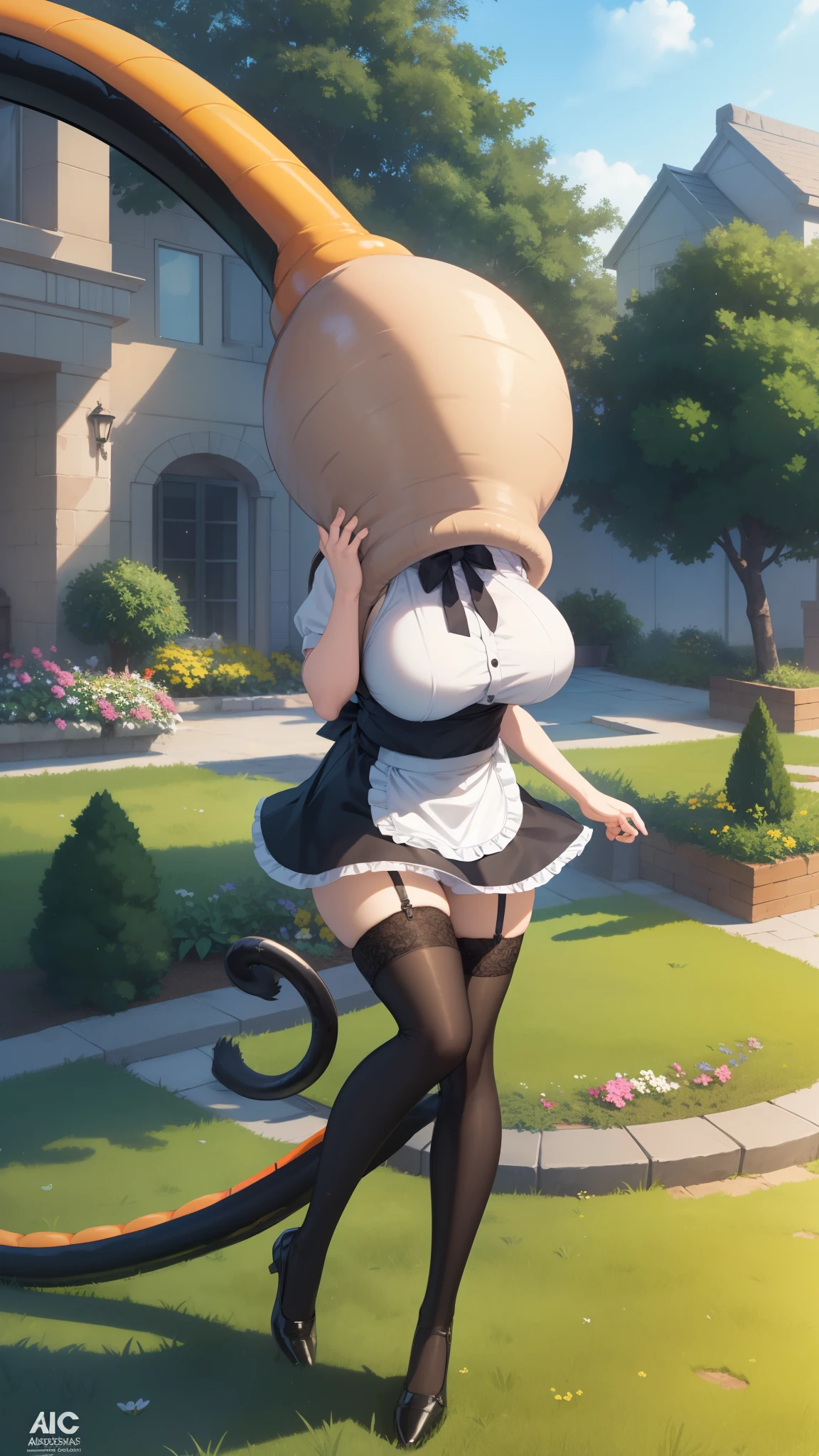 1girl, natural lighting, masterpiece, highly detailed, illustration, game CG, absurdres, high quality, aichan, large breasts, garden, minidress, from behind, (cell vore), (tail vore:1.3), lace panties