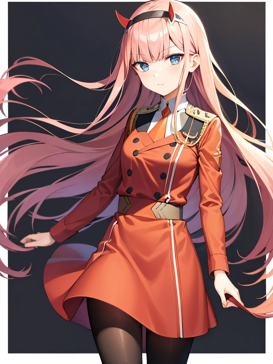 aazero2, long hair, horns, hairband, military uniform, orange necktie, red dress, long sleeves, black pantyhose