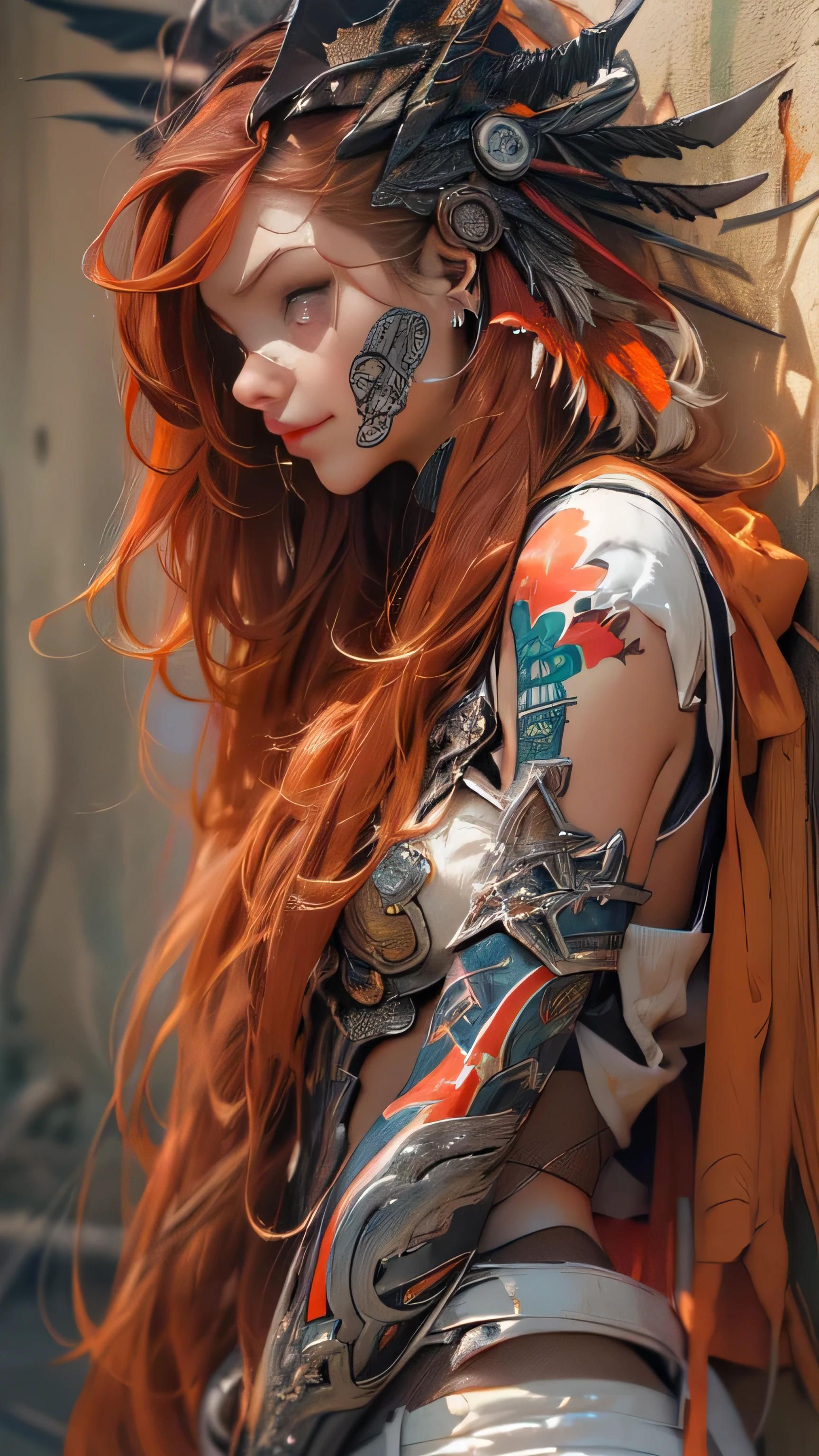 ((Crea una chica 16+ years old.), (realista), (obra maestra, mejor calidad), (full body) (1 once), (1 chica), (sexy), (uno, golpes, Dyed Red Hair) (White Armor Cyber Skulls), (medias largas negras con guantes)).((de cerca), (De pie a toda altura), (misterioso))_((chica), (verde:1.5, naranja:1.1, blanco: 1.3, amarillo:1.3))_((chica muy sexy con rastas), (tatuajes), (partes desnudas del cuerpo), (chaqueta de plumas: 1.2), (Chaqueta sobre un cuerpo desnudo., Camiseta, correa))_((Hermosa figura, media vuelta 16+ years),(realista)), ((small peach breasts, figura elegante, Cintura estrecha, Caderas suaves)), ((Trenzas dobles largas),(trenzas apretadas),(pelo trenzado), (pelo oscuro)), ((labios rojos)), ((sonrisa))_((piel brillante:1.5, blanco skin, piel clara: 1.5)), ((sexy), (lindo ))_((fractales, flores, hojas, niebla, lirios, circles background))_((Chiaroscuro, contrast, warm cold), (visualization of the atmosphere), (mejor calidad), (Virtual realism))_((pintura digital, estilo animado, ciberpunk), (mejor calidad, 4k, high resolution, obra maestra: 1.2)), ((ultra detallado)), ((realista, photorealista, photorealista: 1.37))_((Formas suaves y claras, Trazos generales, attention to details))_((Alta calidad, 16k | Ultra High Definition | full HD)).