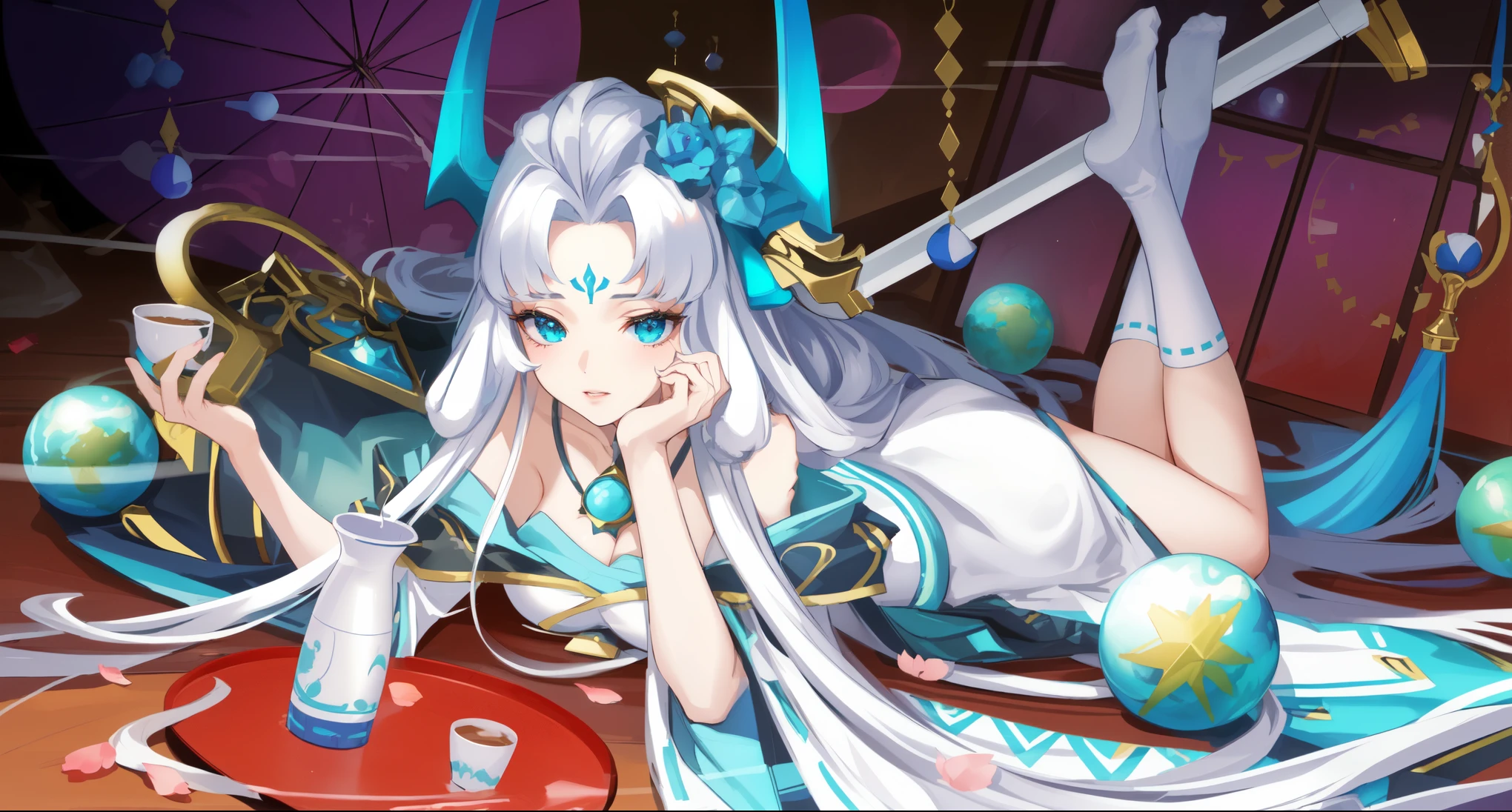 (best quality,4k,8k,highres,masterpiece:1.2),ultra-detailed,(realistic,photorealistic,photo-realistic:1.37),anime,portrait,hair: white,big eyes,beautiful detailed eyes, beautiful detailed lips, long eyelashes,white robe,floor,holding a cup,beautiful fantasy queen,goddess of anime,lies on the floor,many planets around her,horns on the head,enormous breasts,white knee-high socks,exhausted deity,anime fantasy illustration,galactic goddess
