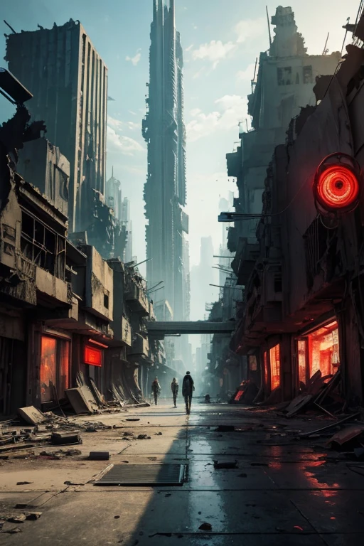 highest quality、A ruined futuristic city、dim、red、Surrealism