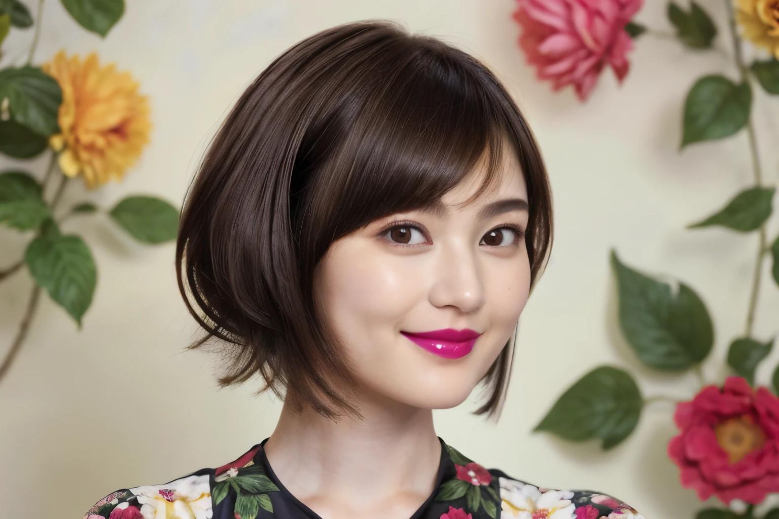 227 (20-year-old woman,Floral costume), (Surreal), (High resolution), ((Beautiful Hairstyles 46)), ((short hair:1.46)), (A kind smile), (Busty:1.1), (lipstick)