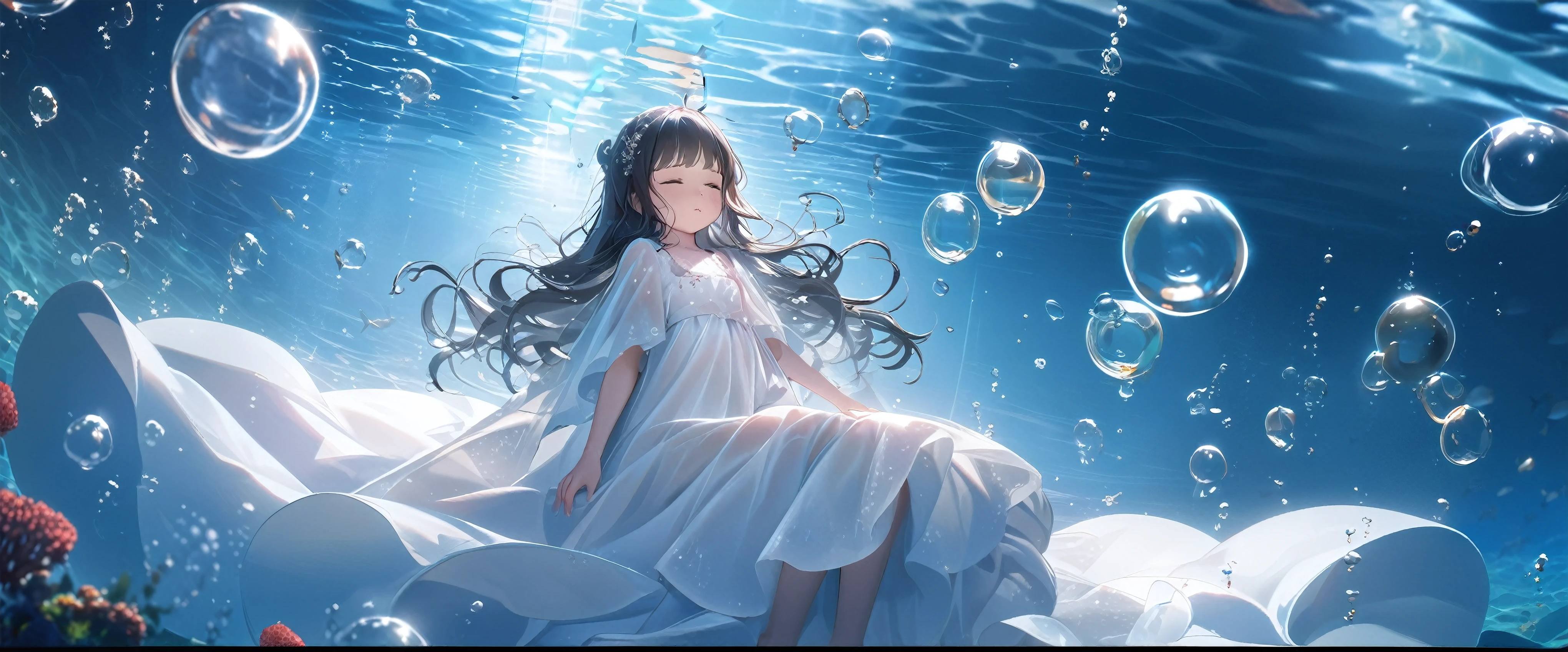 (Dramatic angle,Dynamic angle), (best quality,4k,8k,highres,masterpiece:1.2), (A 7 year old girl:1.2), (Very young little girl), (alone), (small breasts), eyes closed, original photo, Atmospheric distance perception, Aesthetic, complex, won, cybernetic enhancement, chiaroscuro, best quality, Detailed background, (underwater atmosphere:1.2), ((girl wearing white very long dress:1.2)), Submerged, the little girl's innocence, a vision in white, her dress, a cloud of fabric, underwater, billowing, floating, each layer, gossamer-light, currents, an aquatic ballet, the hem, rippling, a dance of silk, the ocean's caress, the skirt, enveloping, a cocoon, elegance, the fabric, translucent, light filtering, ethereal glow, bubbles, sparkling, a silent symphony, the hair, dark halo, mingling, harmony, child and sea, one, white against deep, purity, the depths, a moment, captured, serene, enchanting