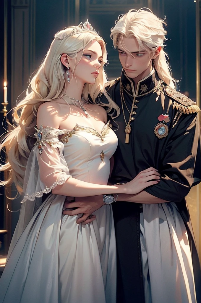 The picture shows a couple: a man and a woman. 1 man (Tall, handsome, athletic build, statuesque, courageous young male king, platinum blonde with blue eyes, long straight platinum hair, dressed in royal attire), carries in his arms a sleeping 1 woman (an incredibly beautiful young femme fatale with long golden hair, blue eyes, she is wearing a princess dress). Masterpiece, detailed study of the face, beautiful face, beautiful facial features, perfect image, realistic shots, detailed study of faces, full-length image, 8k, detailed image, extremely detailed illustration, a real masterpiece of the highest quality, with careful drawing.