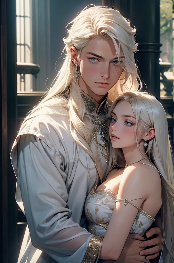 The picture shows a couple: a man and a woman. 1 man (Tall, handsome, athletic build, statuesque, courageous young male king, platinum blonde with blue eyes, long straight platinum hair, dressed in royal attire), carries in his arms a sleeping 1 woman (an incredibly beautiful young femme fatale with long golden hair, blue eyes, she is wearing a princess dress). Masterpiece, detailed study of the face, beautiful face, beautiful facial features, perfect image, realistic shots, detailed study of faces, full-length image, 8k, detailed image, extremely detailed illustration, a real masterpiece of the highest quality, with careful drawing.